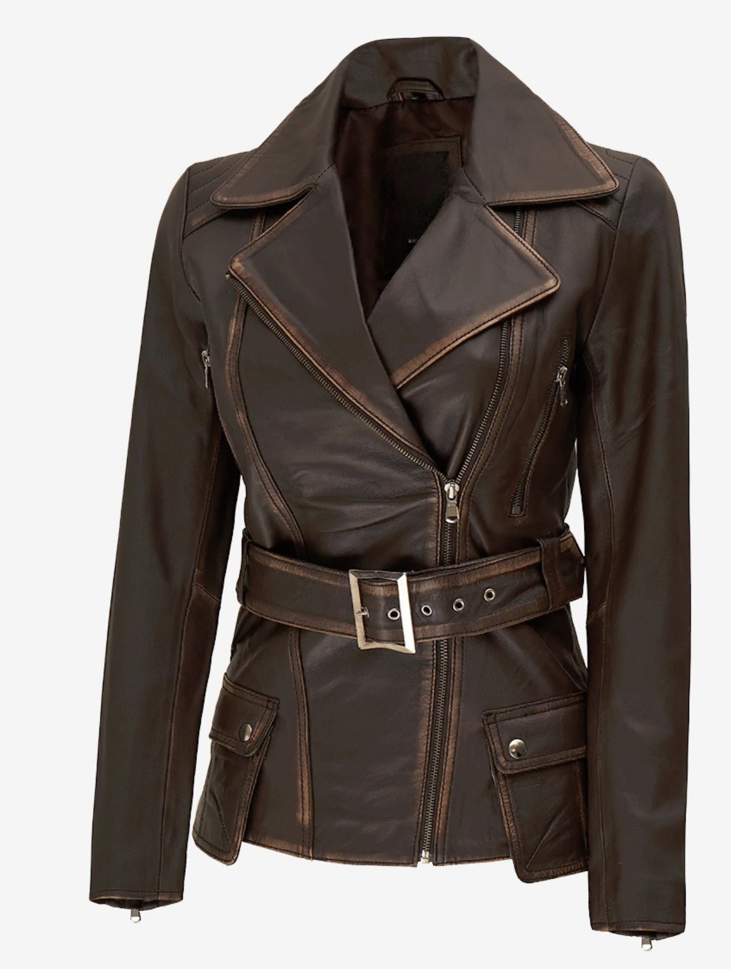 Women's Asymmetrical Rub-off Brown Belted Biker Jacket