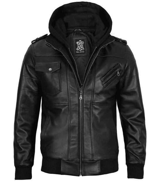 Men's Black Leather Jacket with Removable Hoodie