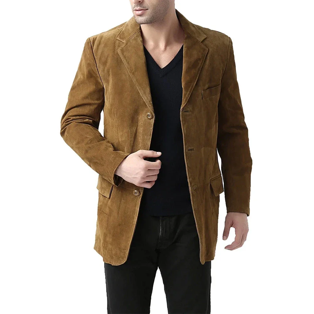 Slim Fit Camel Brown Suede Leather Blazer