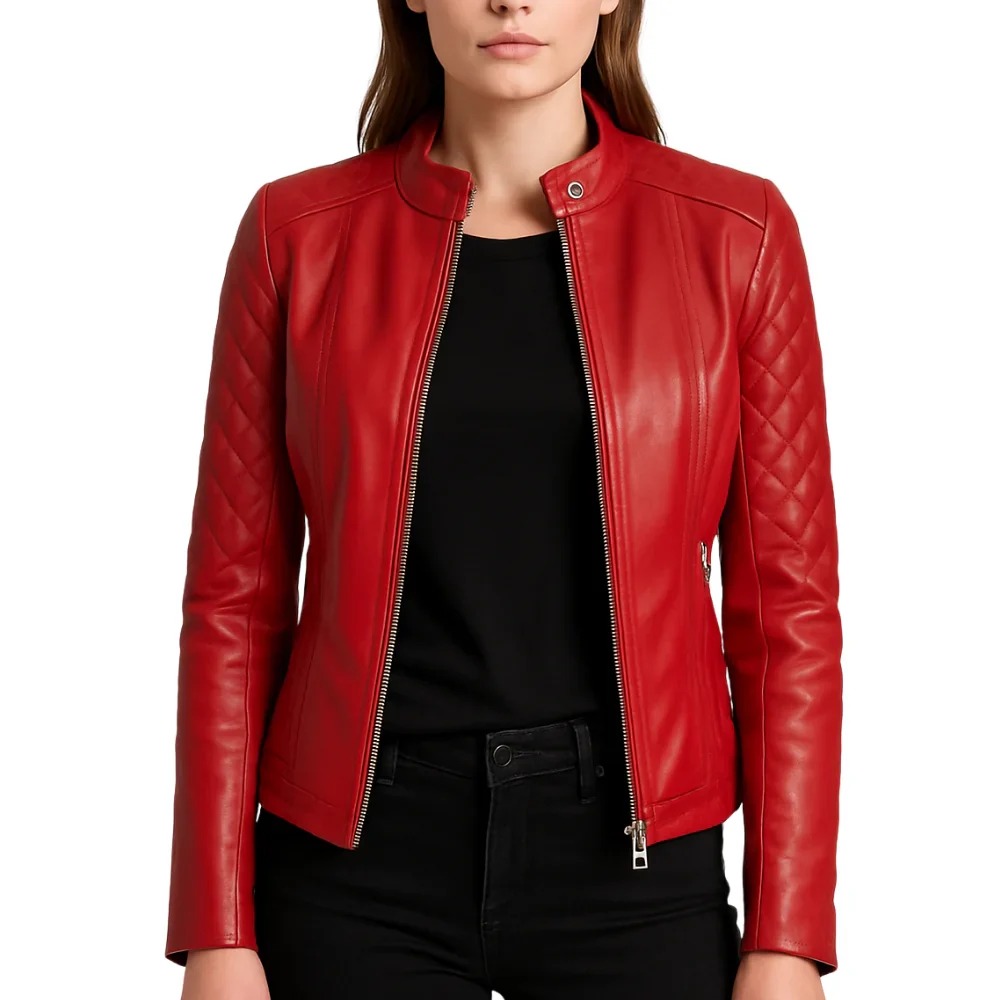 Women's Quilted Real Leather Red Cafe Jacket