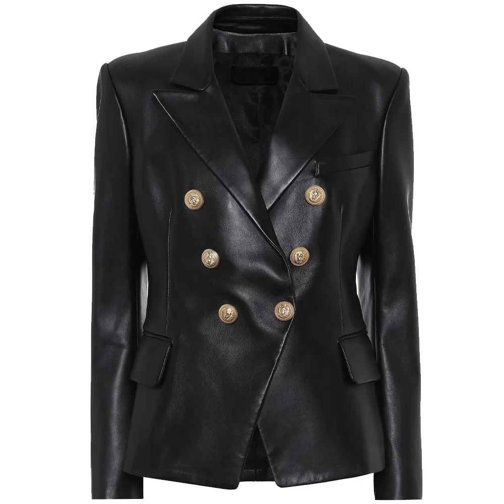 Womens Kim Double Breasted Black Leather Blazer