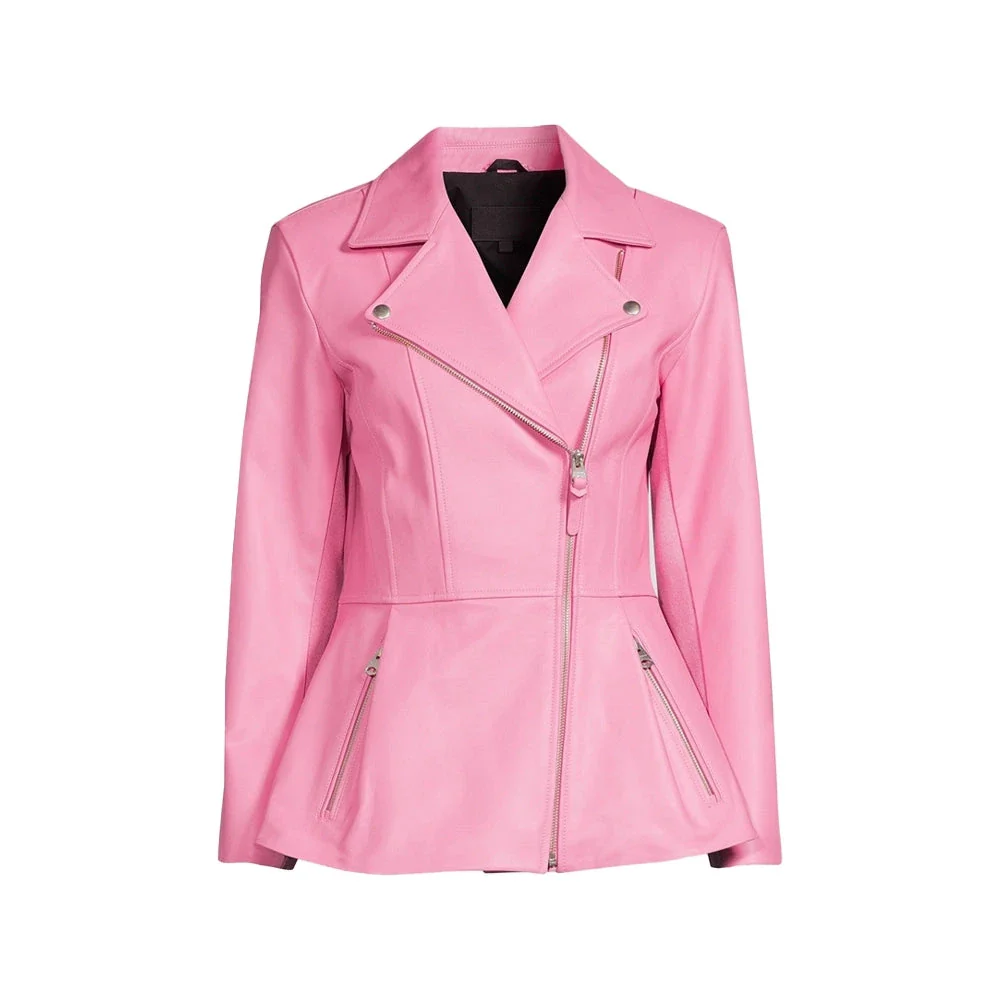 Womens Pink Leather Peplum Jacket